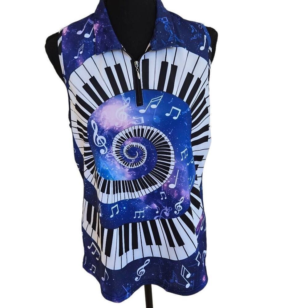 Womens Sleeveless Polo Top Featuring Print of Piano Keys and Musical Notes Size - Picture 8 of 8
